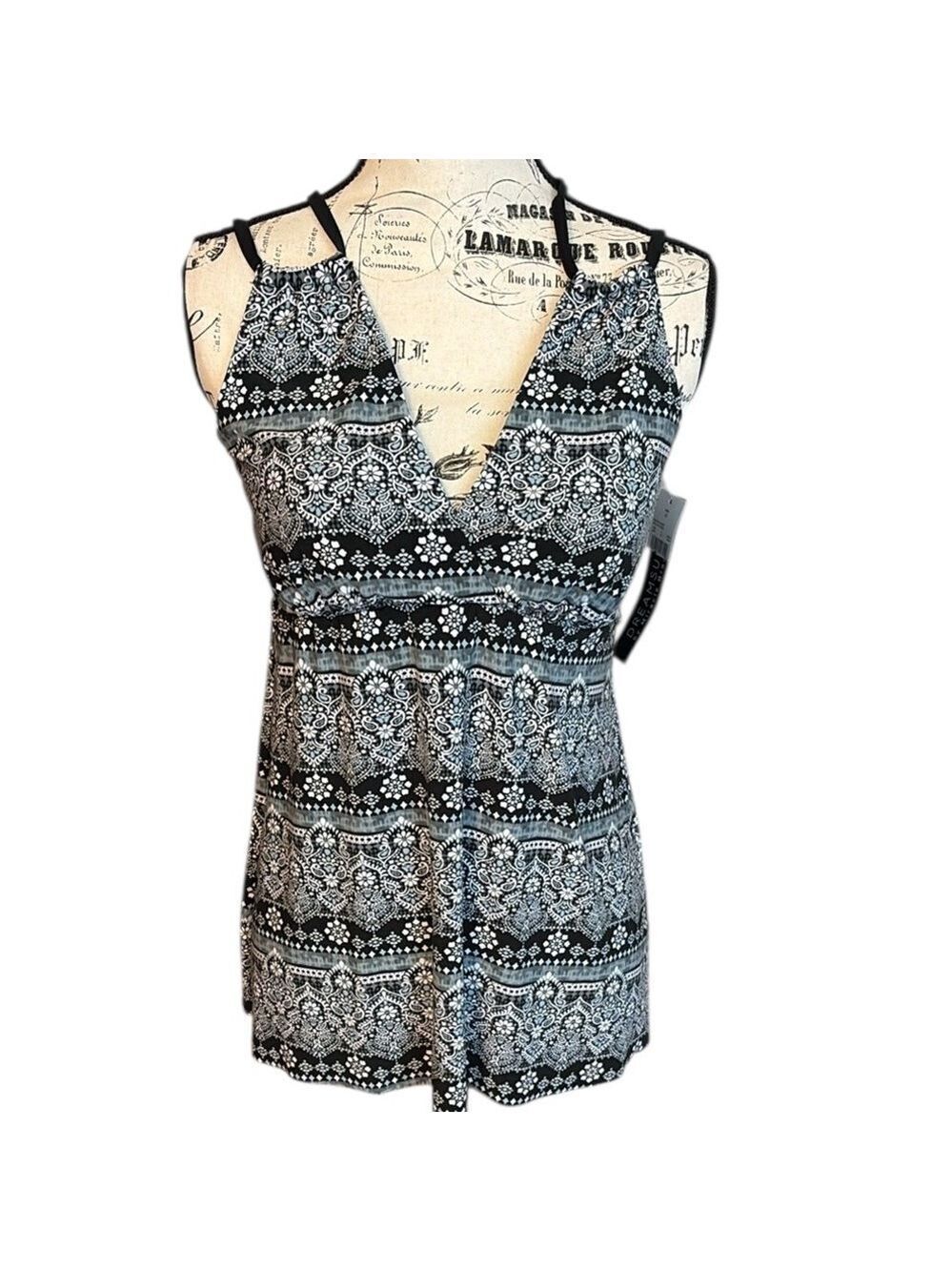 Dreamsuit Tankini Top by Miracle Brands Slimming Black Gray Multi Size 12 New